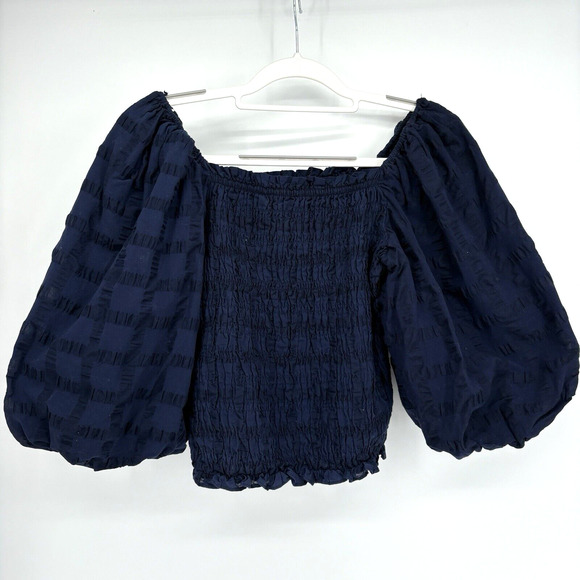 Anthropologie Maeve Smocked Top Large Navy Searsucker Windowpane Balloon Sleeve - Picture 11 of 11